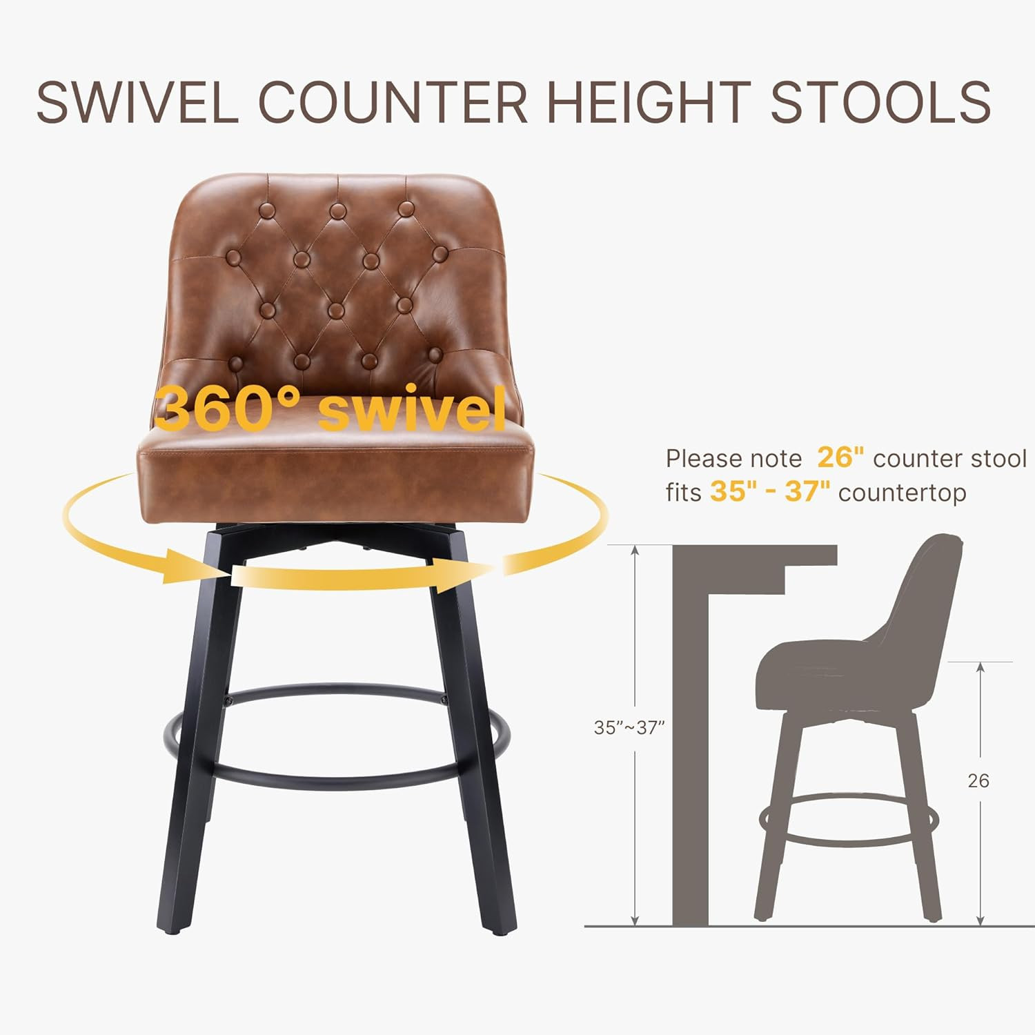 Set of 2 Brown Leather Counter Height Swivel Barstools with Back, 26" Seat