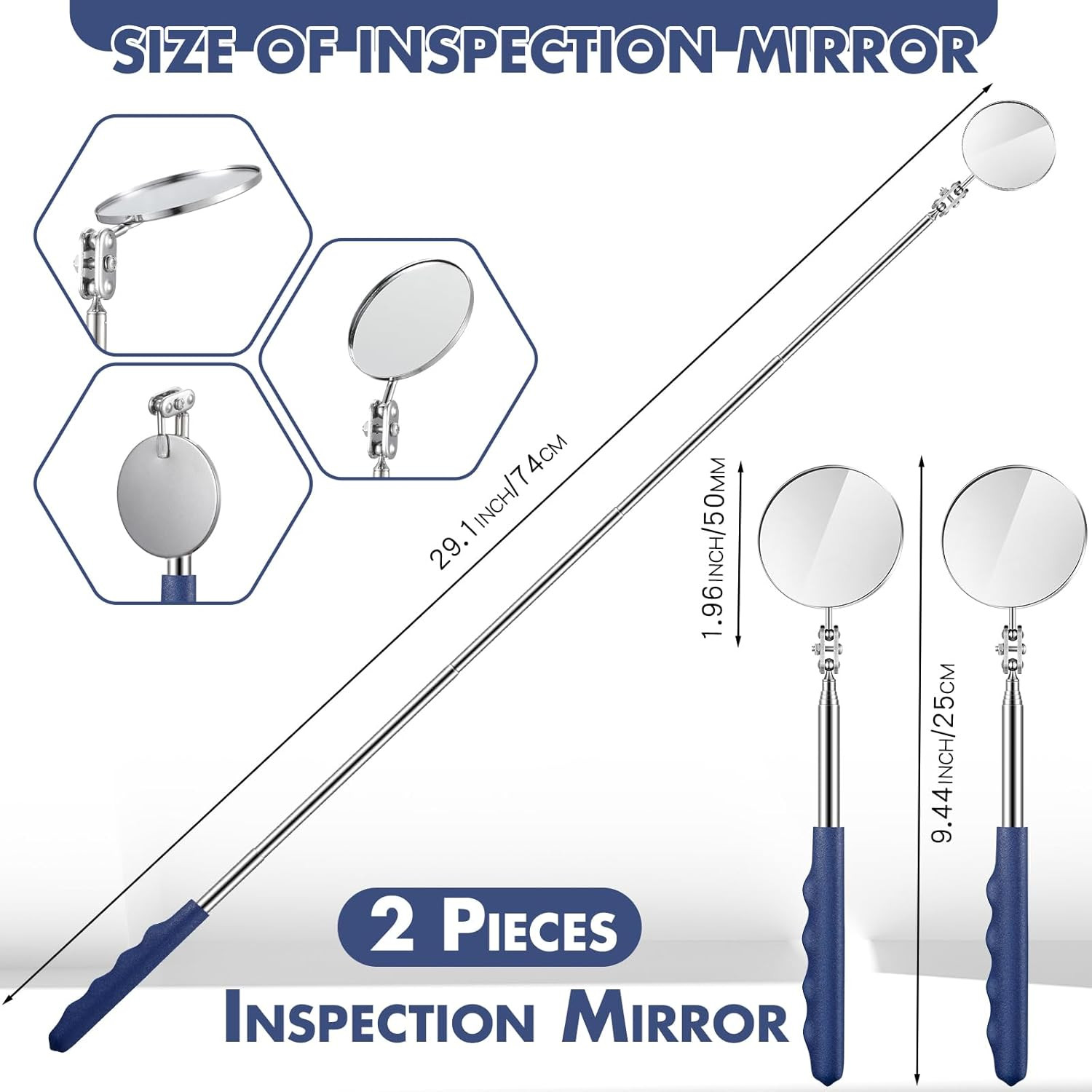 Telescoping Inspection Mirrors - 2 Pcs round Extendable Mirrors (50Mm)