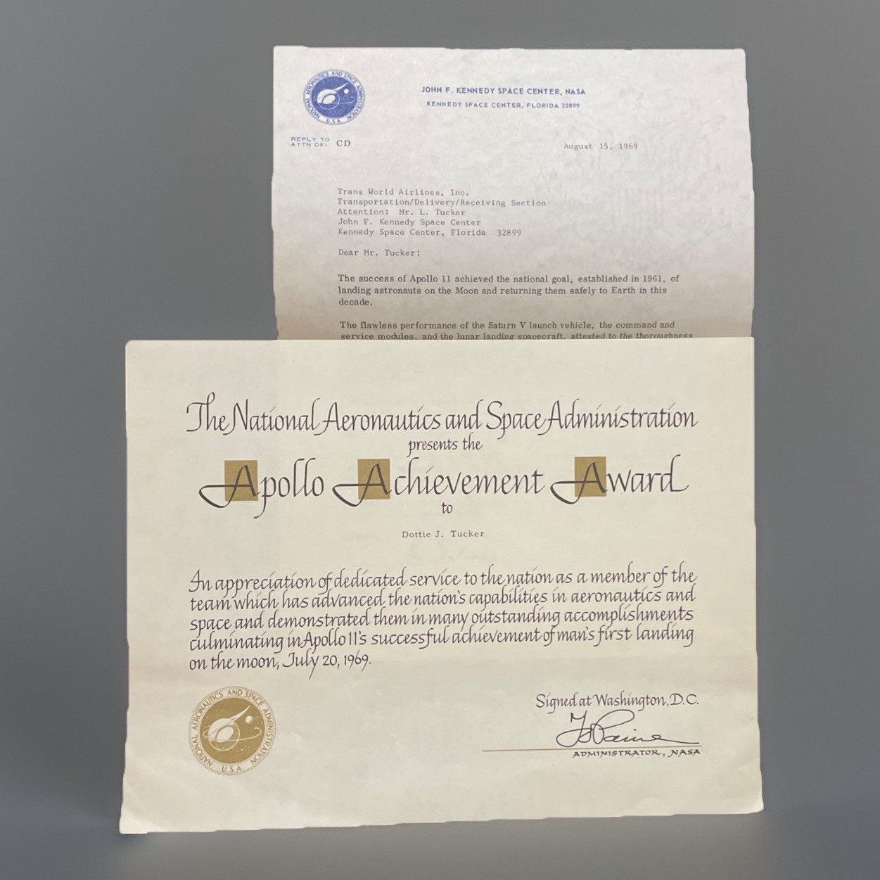 Apollo 11 Achievement Award Certificate + Original 1969 Letter From Kurt Debus
