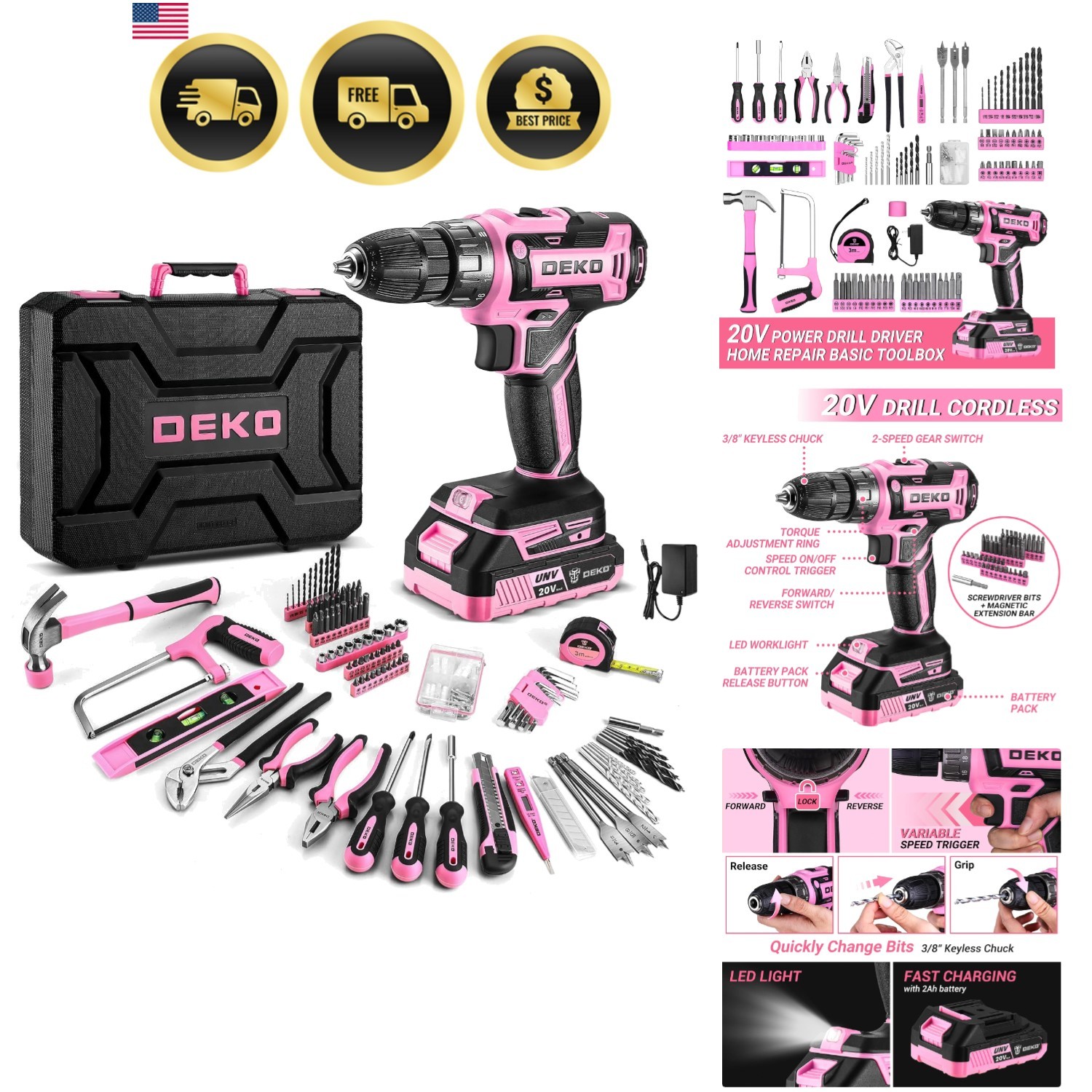 Pink Power Drill Tool Kit Set: 20V Cordless Electric Drill, Driver, Tool Box ...