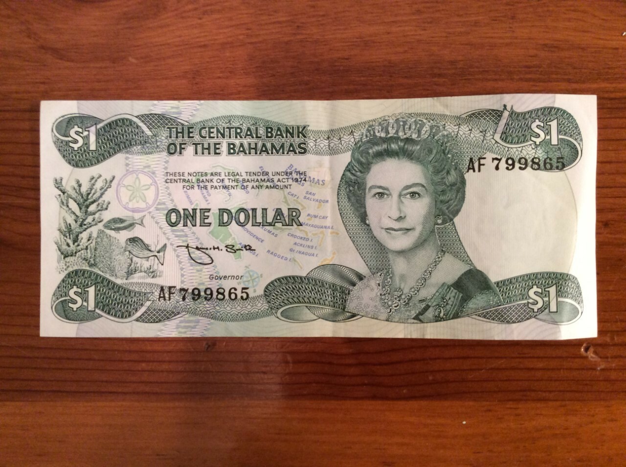 1974 Central Bank of the Bahamas Banknote ($1) One Dollar w/QE II (Prefix AF)