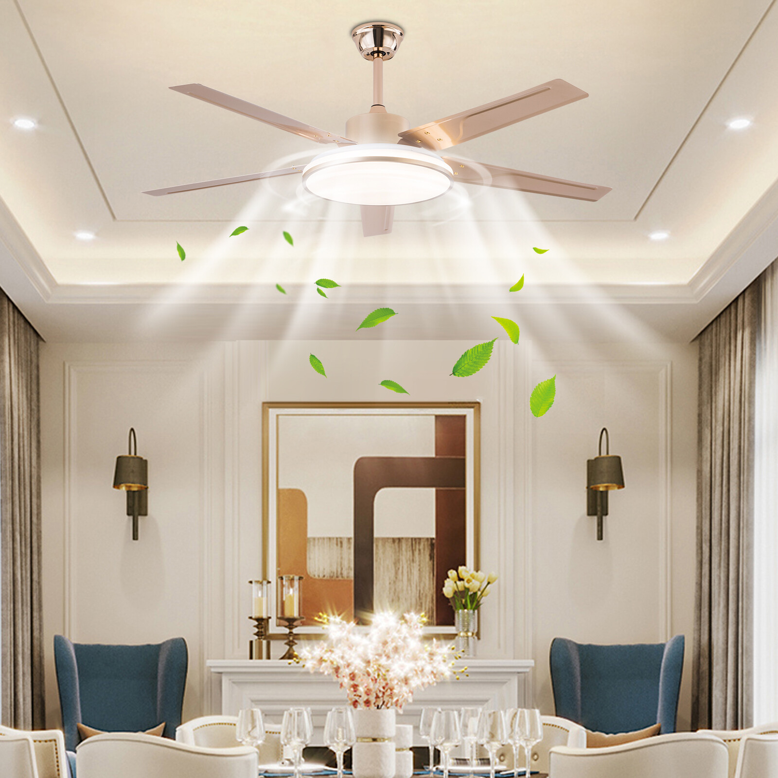 52 Inch Vintage Ceiling Fan Smart WiFi LED Light Industrial Chandelier + Remote