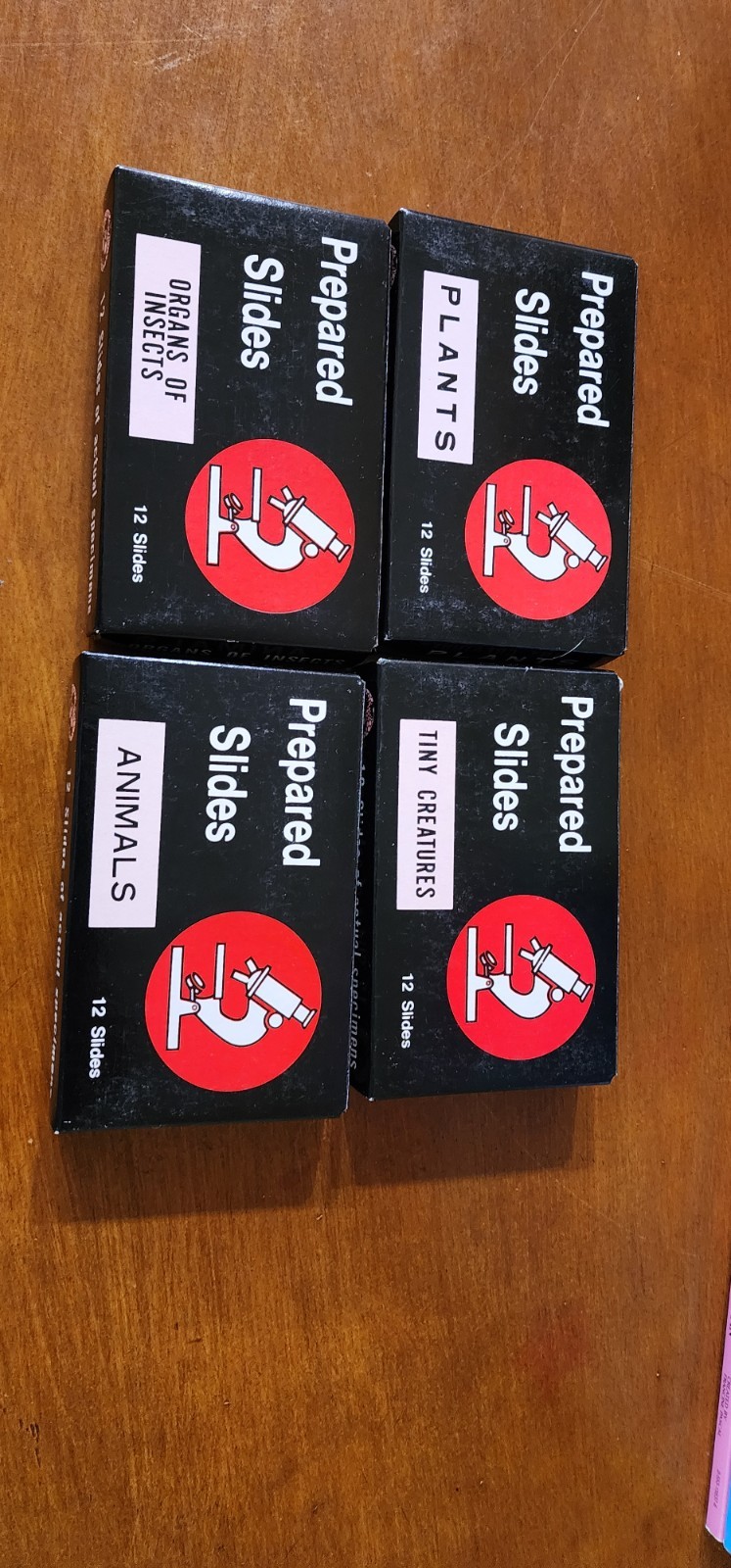 4 VINTAGE BOXES OF PREPARED GLASS MICROSCOPE SLIDES, 48 DIFFERENT SLIDES