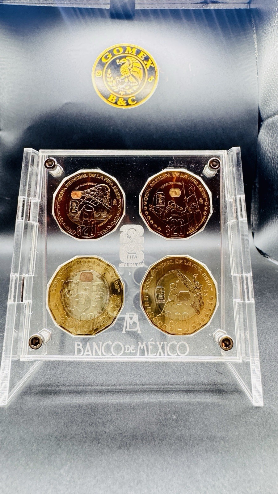 Mexico FIFA World Cup 2026 4 Coin Set Acrylic Display Banco de Mexico UNC