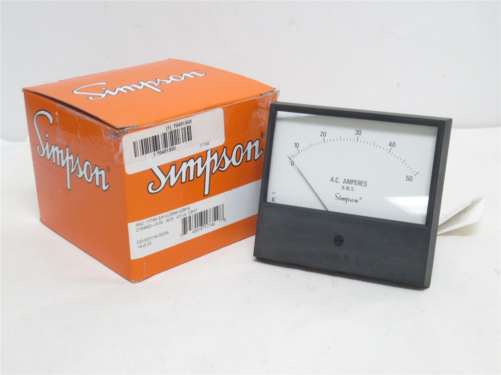 239699 New In Box; Simpson 17749 Analog Panel Meter; AC Current; 0A to 50A