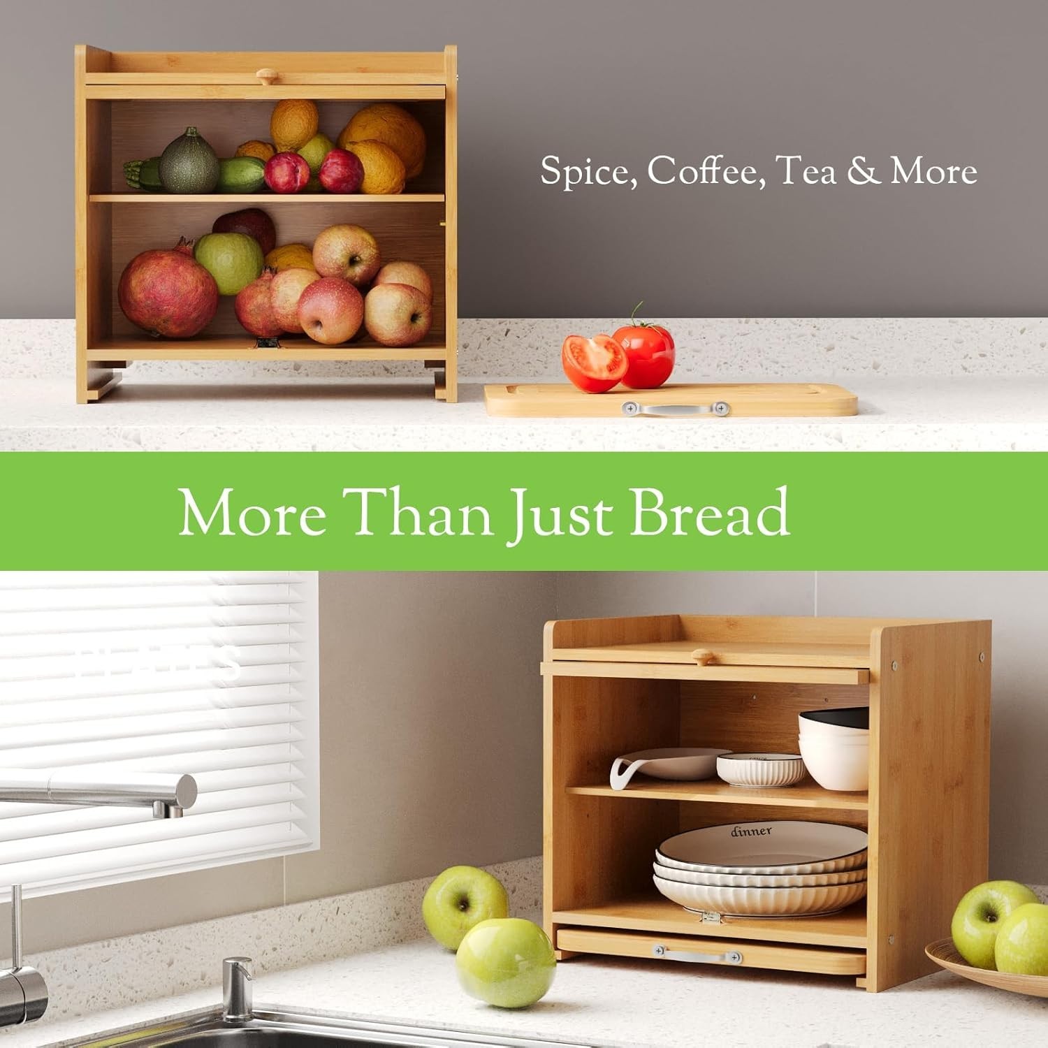 Bamboo Bread Box for Kitchen Countertop, Double Layer Kitchen Counter Organizers