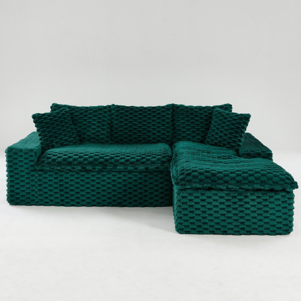 Green Velvet Convertible Sofa w/ Chaise Lounge - L-Shape Couch for Living Room