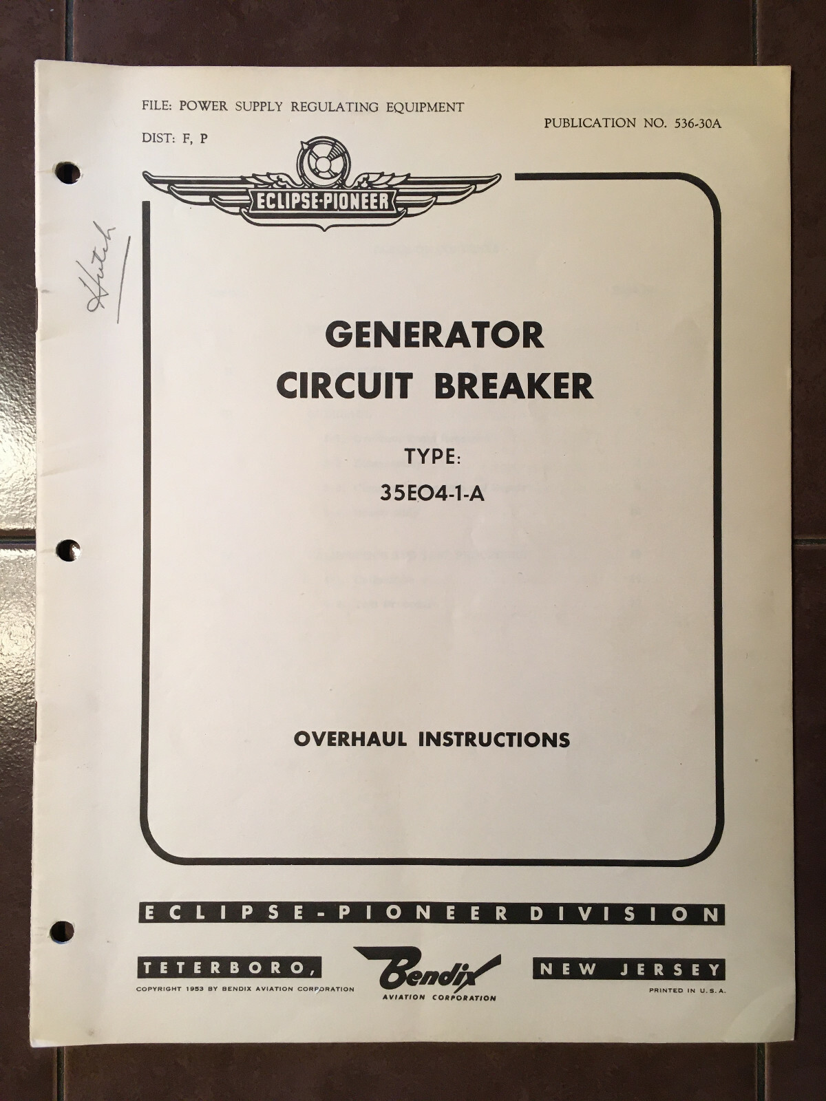 Eclipse Pioneer Generator Circuit Breaker 35E04-1-A Overhaul Booklet
