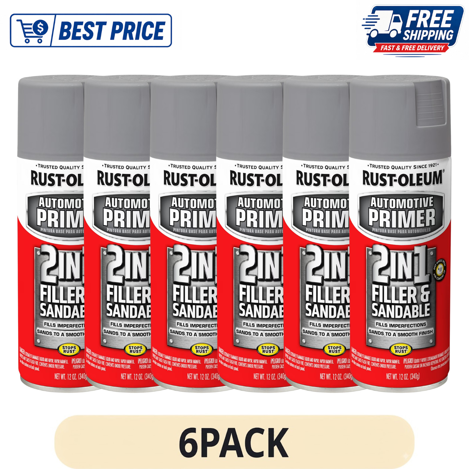6 Pack Rust-Oleum Automotive Filler Sandable Primer Spray Gray 12 oz Can