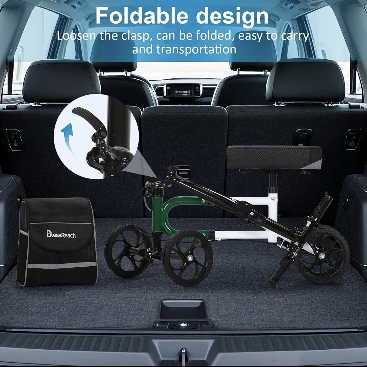 Blessreach Knee Scooter, Steerable, Foldable, Green, With Front Storage