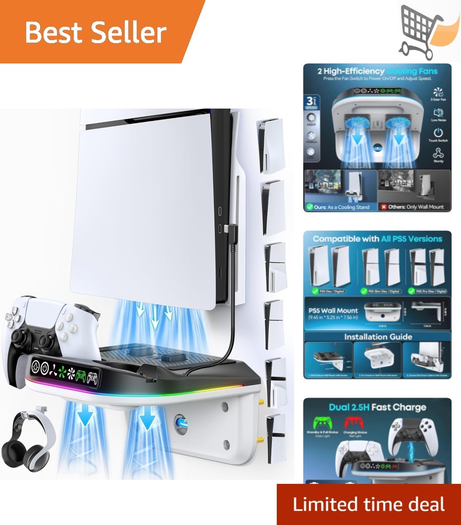 PS5 Wall Mount Kit with Cooling Fan Charging Station RGB Lights for Console