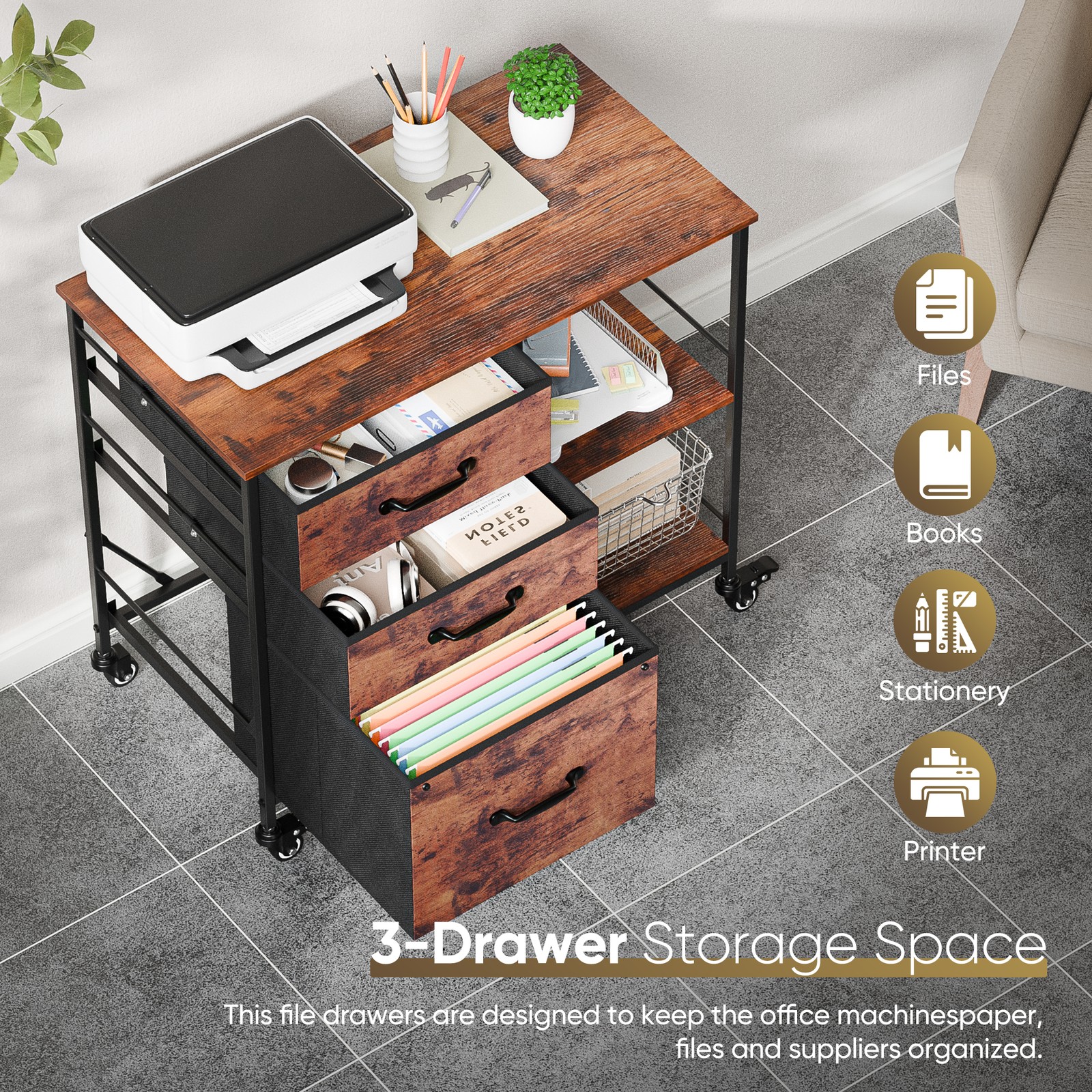 3 Drawer Mobile File Cabinet Rolling Printer Stand w/ Storage Shelf Rustic Brown