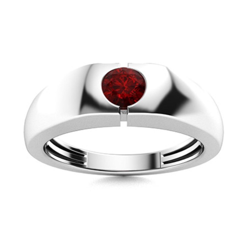 Solitaire 4mm Round Garnet 925 Sterling Silver Wide Band Solitaire Men’s Ring