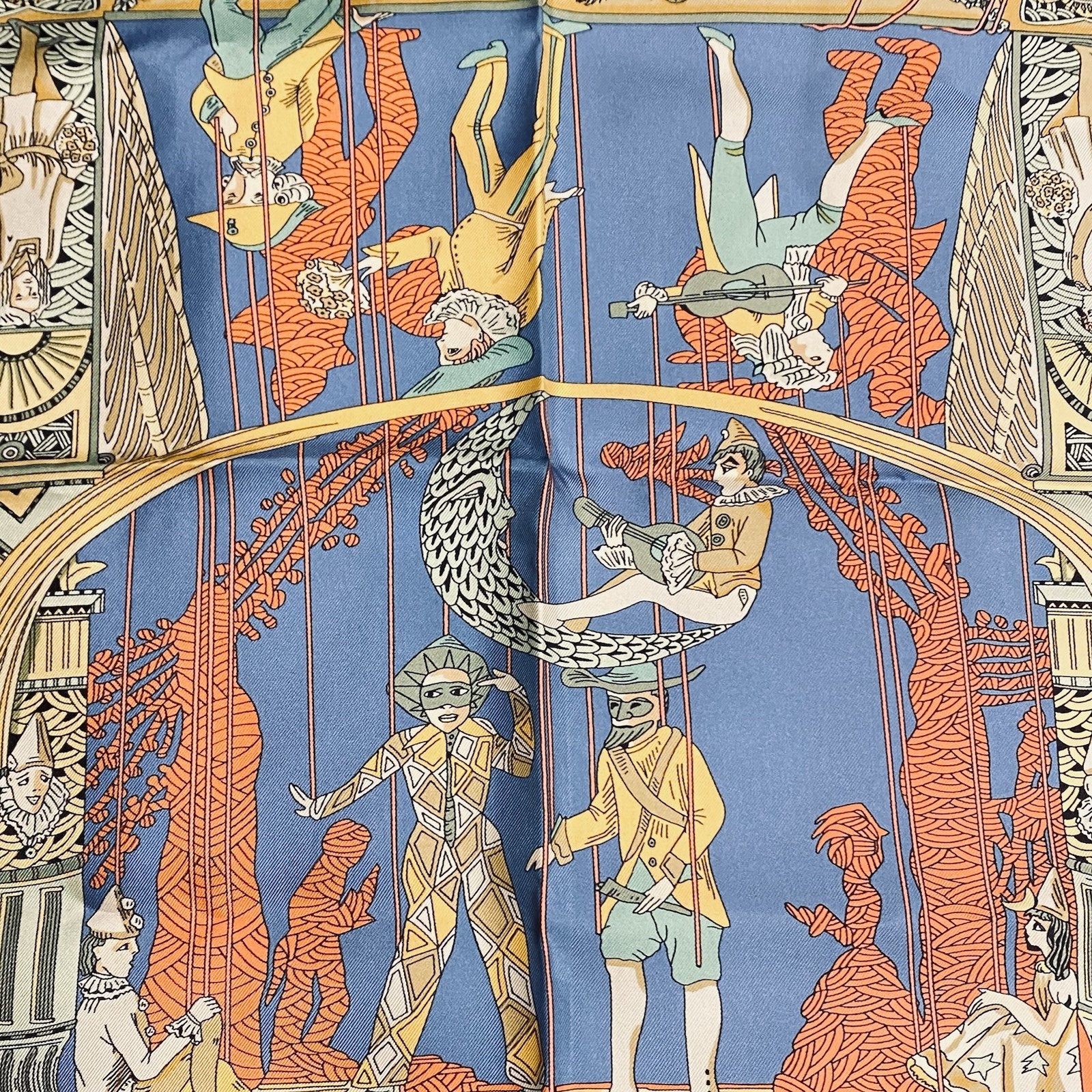 HERMES Women Silk Scarf Blue Multicolor Le Temps Des Marionnettes Carre 90