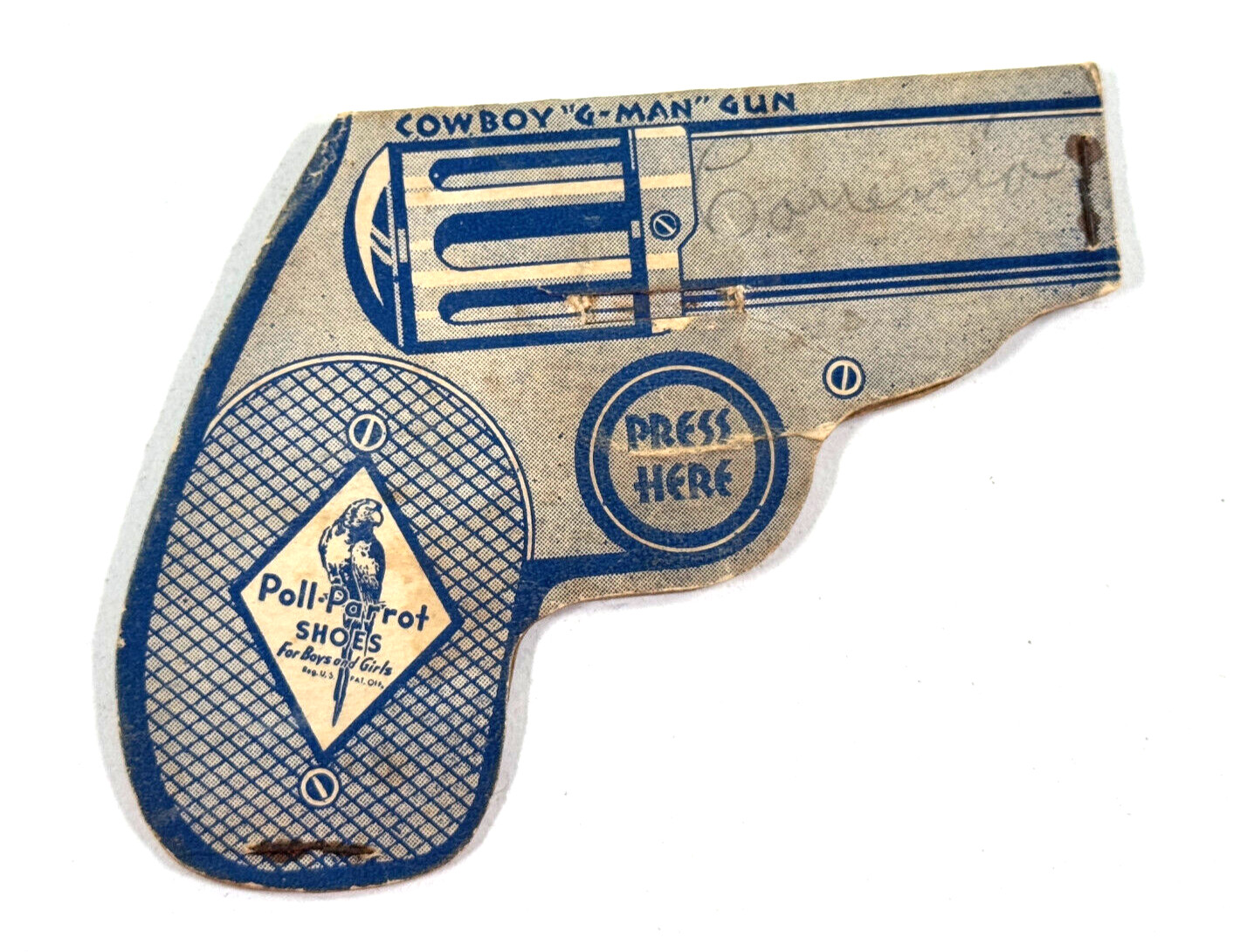 vtg Poll Parrot Shoes Advertising Toy G-Man Cowboy cardboard gun