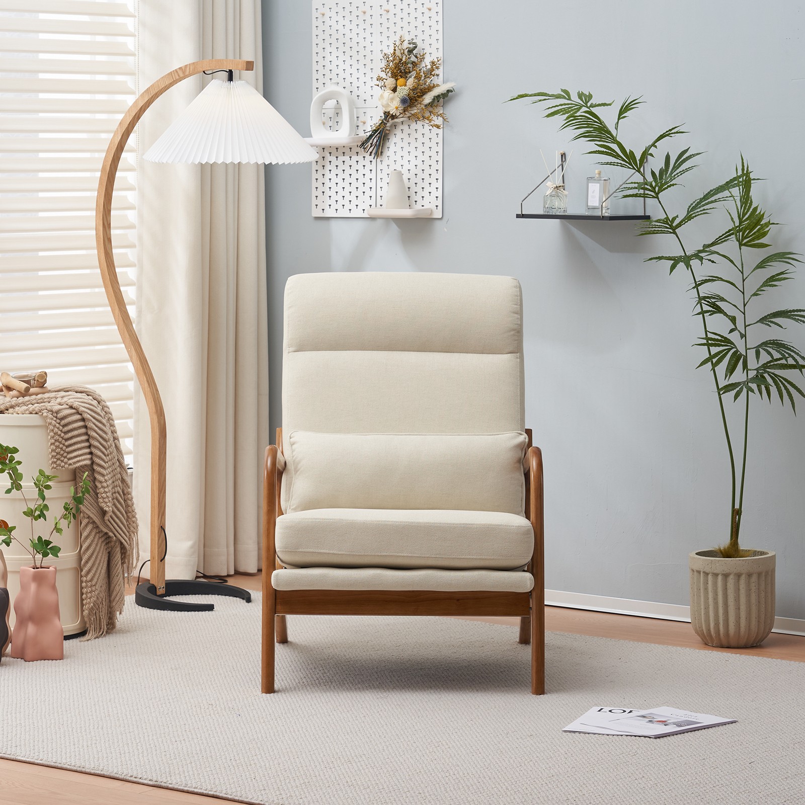 High Back Solid Wood Armrest Backrest Iron Frame Linen Indoor Leisure Chair Off