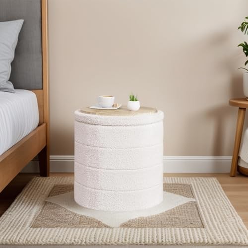 Round Ottoman with Storage, Boucle Ottoman 14.5"D x 14.5"W x 17.7"H Cream White