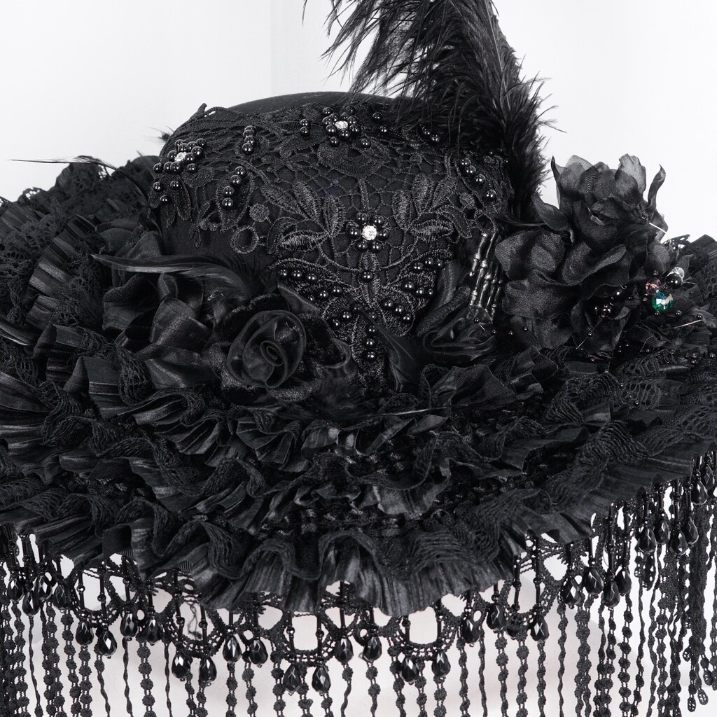 Eva Lady Women Black Vintage Gothic Victorian Beaded Tassel Feather Hat