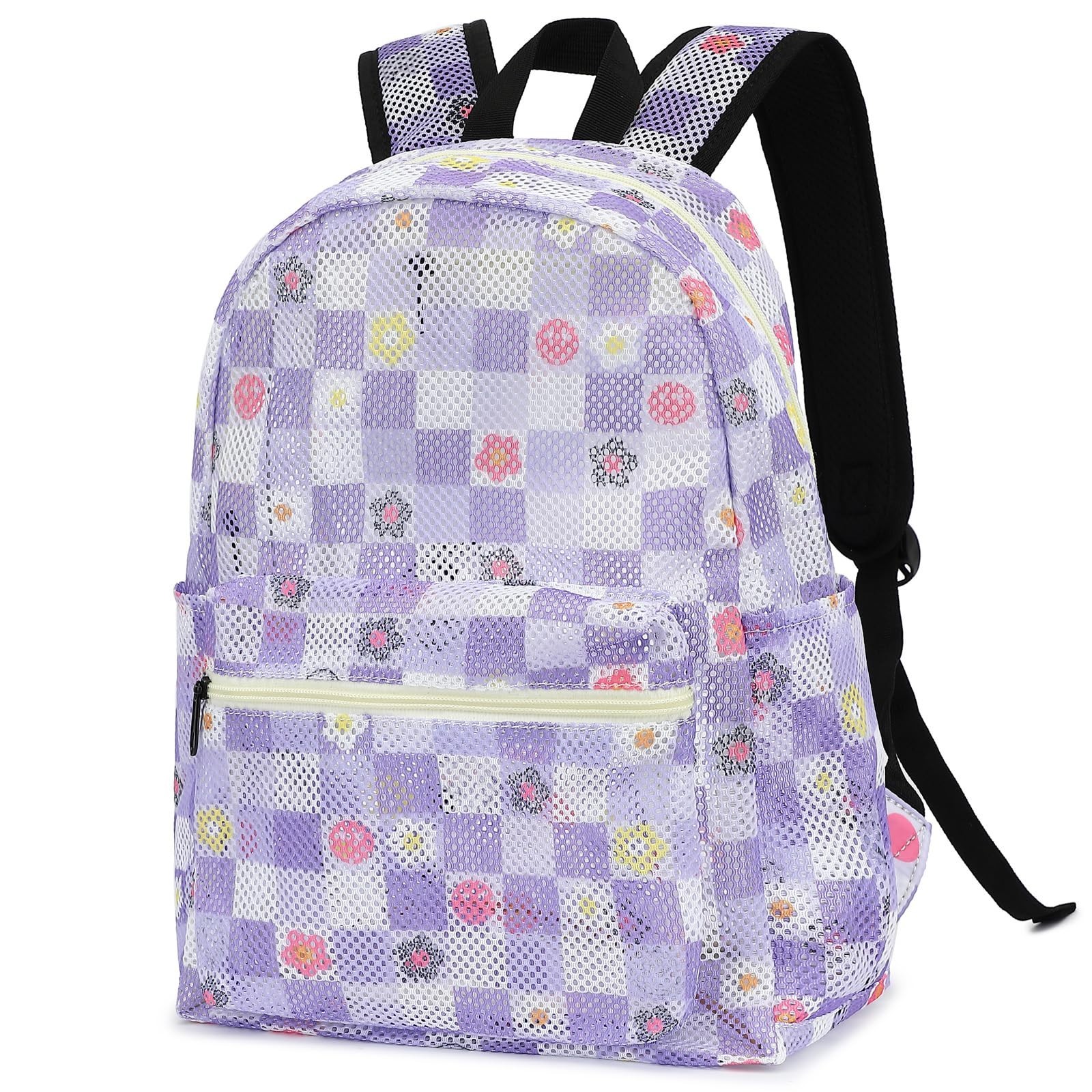 Flowers Checkered Mesh Backpack for Girls, kids Women School Backpacks Semi-T...