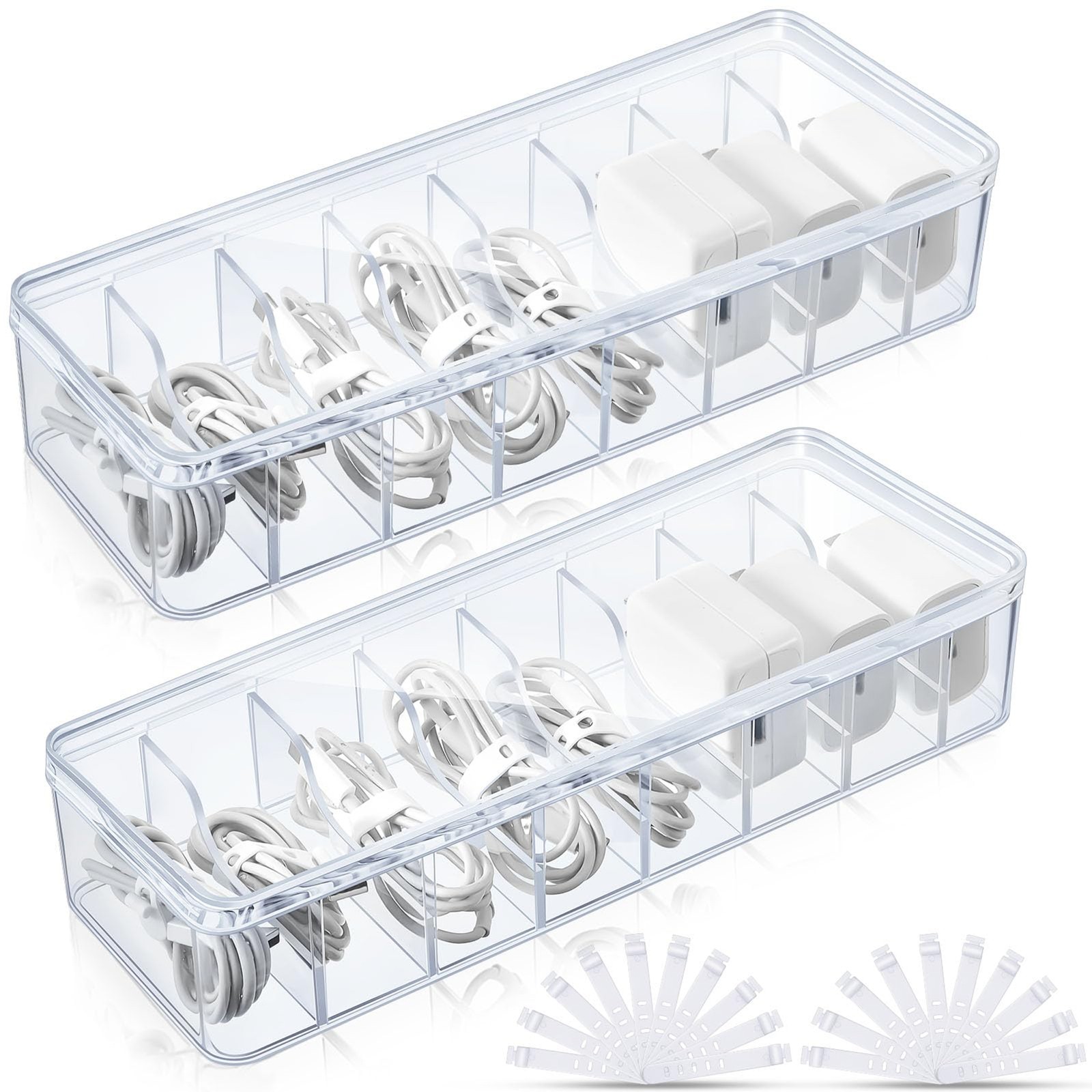 Tatuo 2 Pcs Cable Organizer Box with Wire Ties, Plastic Cord Storage Box with Li