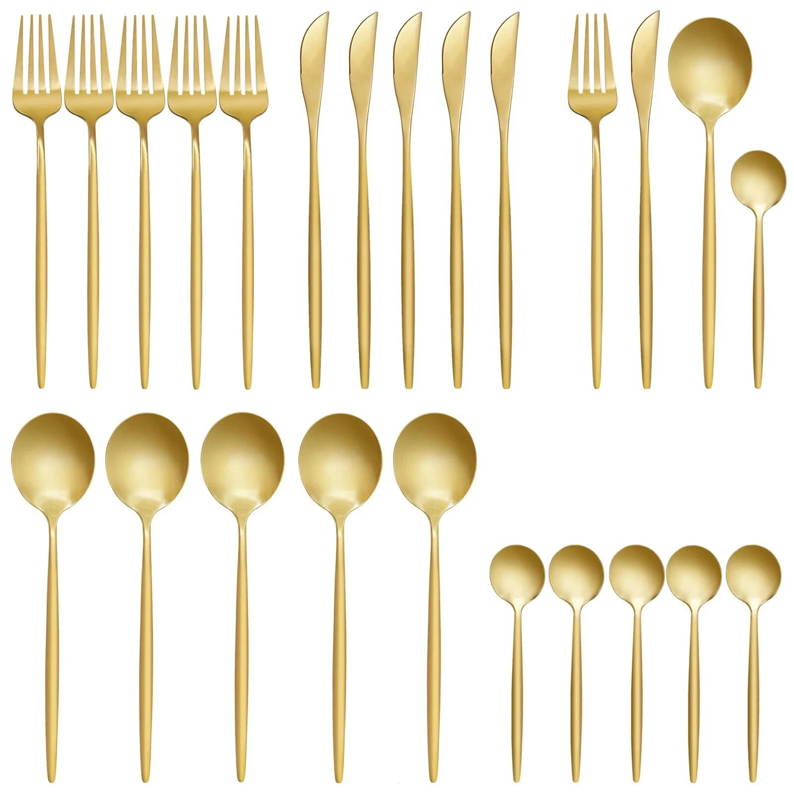 24 pcs Flatware Set Gold Stainless Steel Set for 6 Knife, Fork, Spoon, Tea Spoon