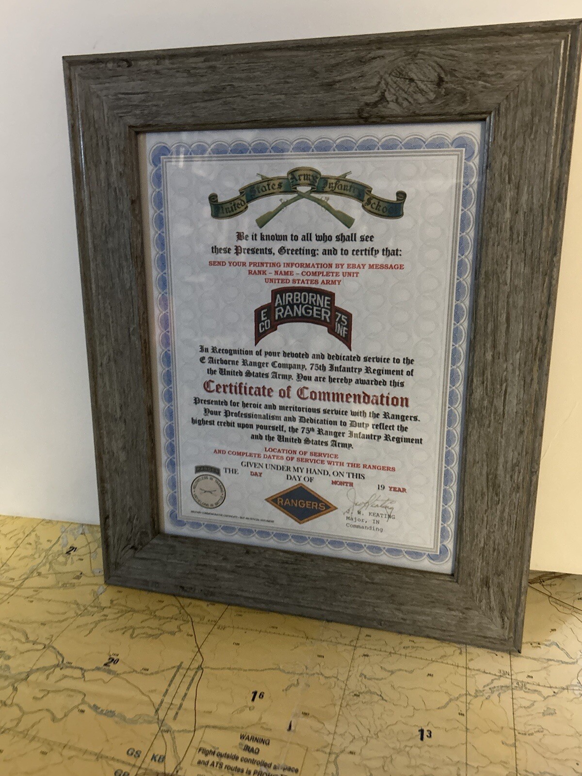 U.S. ARMY RANGER - E CO / 75 INFANTRY COMMENDATION CERTIFICATE (COMMEMORATIVE)