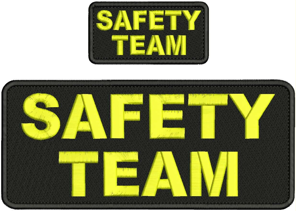 SAFETY TEAM EMBROIDERY PATCH 4X10 AND 2X5. HOOK ON BACK YELLOW ON BLACK