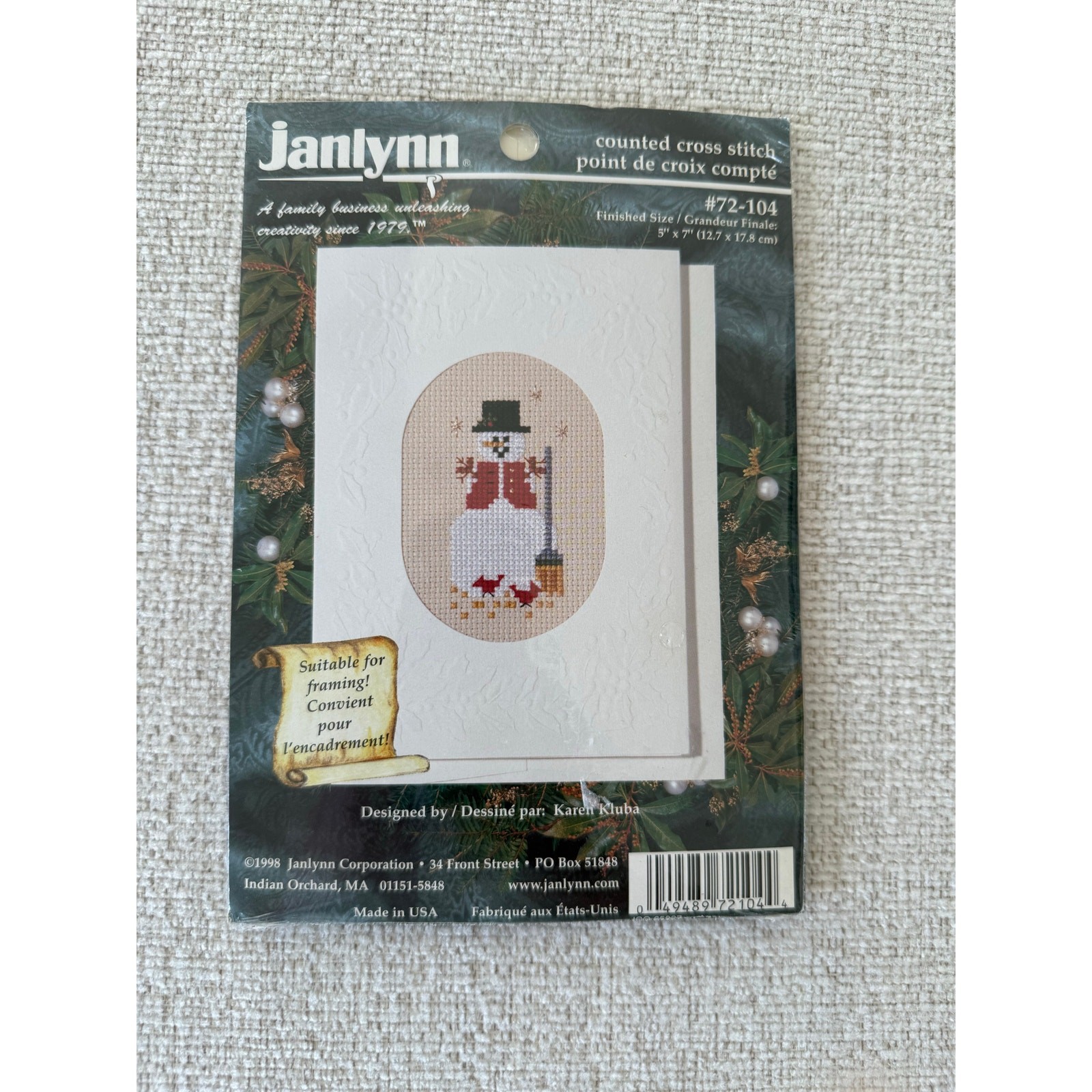 NWT Vintage Janlynn Counted Cross Stitch Kit Snowman Birds Broom 5”x7” 1998