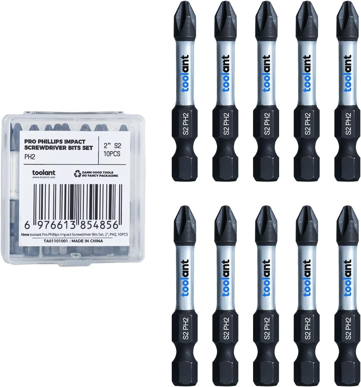 10-Pack Toolant 2-Inch Magnetic Anti-Slip Phillips Impact Bits - Rust-Resistant
