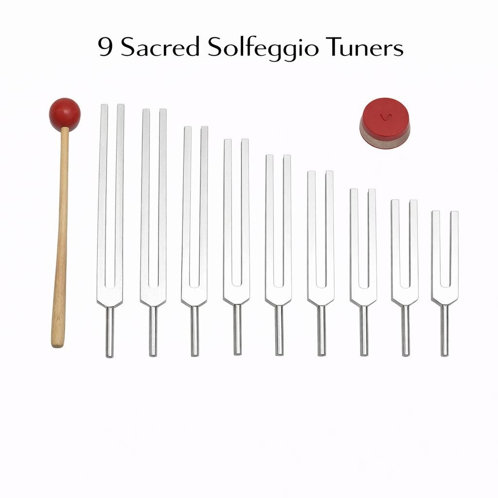 🎶 Sacred Solfeggio Tuning Forks – 9-Piece Set Includes 528 Hz | 6 + 3 Notes