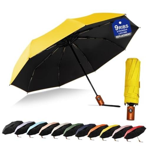 Travel Umbrella - Compact Umbrella for Rain - Perfect Large Auto 9K-Yellow