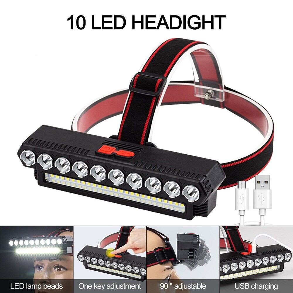 COB 10LED Headlamp Rechargeable Headlight Torch Work Light Bar Head Band Lamp