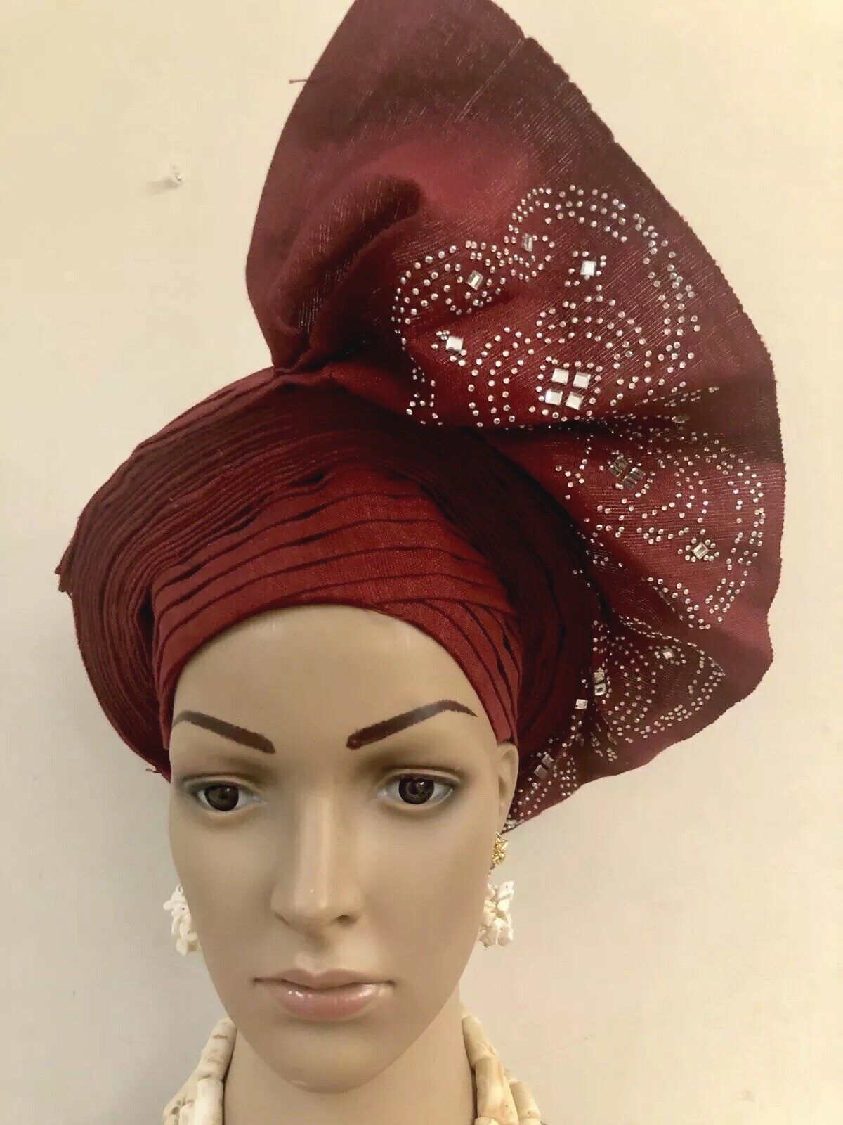 Aso Oke Auto Gele,  Red Fan Gele, AutoGele, ReadyMade Gele, Auto Gele