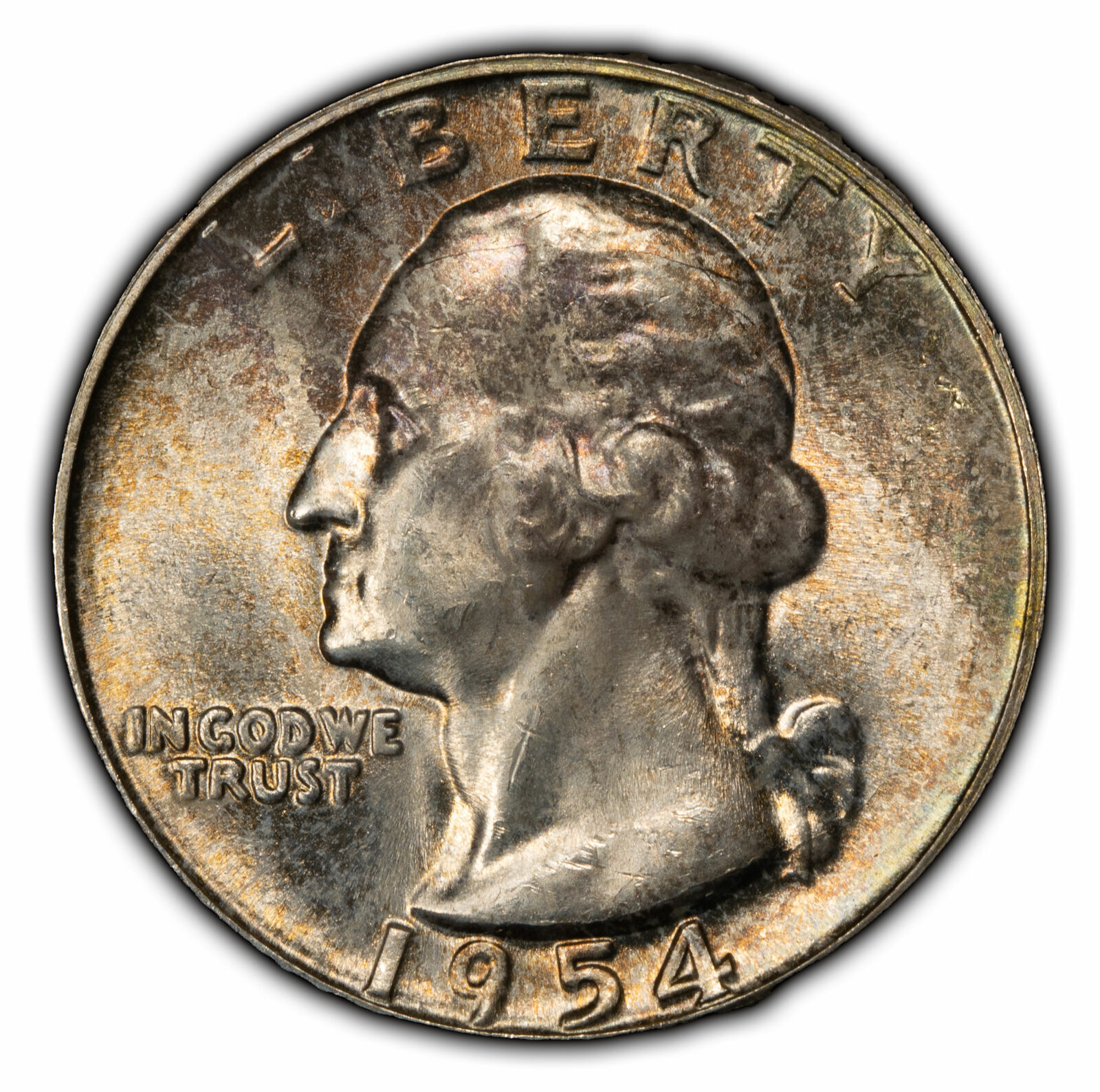 1954 25c Washington Quarter - UNC - Flashy Rev Luster - Obv Toning - SKU-Y4120