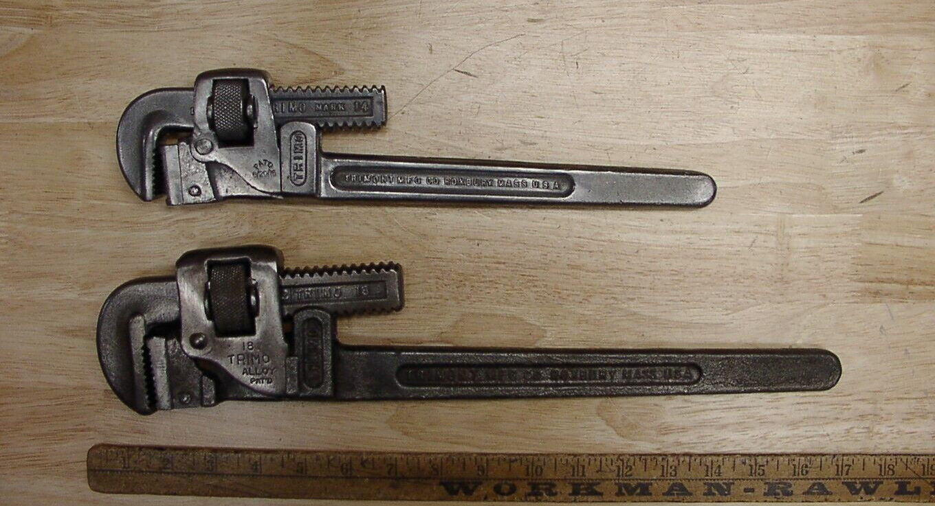 2 Antique Trimont Mfg Co Trimo All Steel Pipe Wrenches,18" & 14" VGC,L@@K & READ