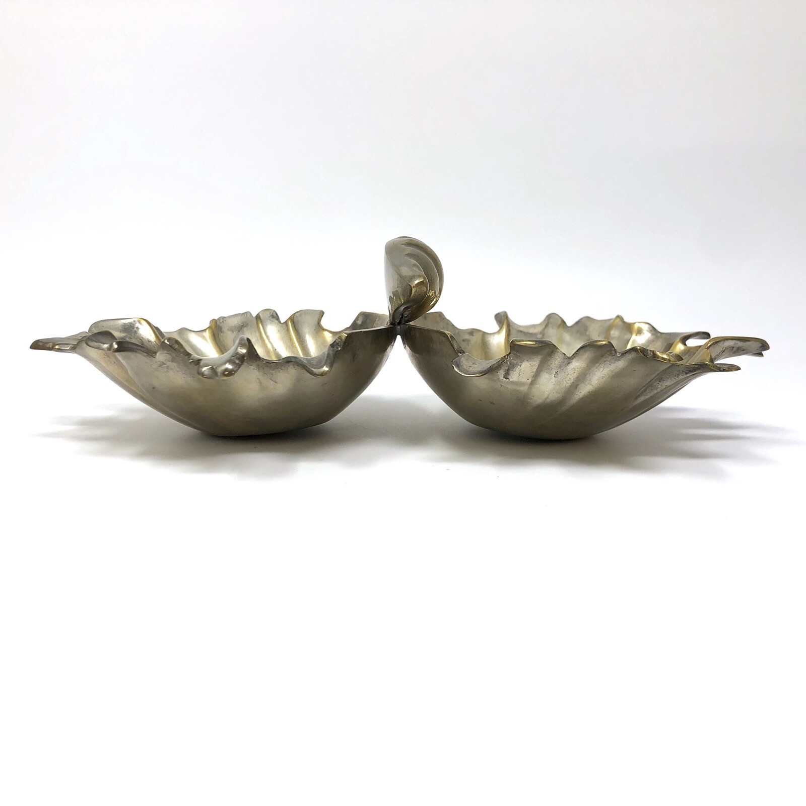 Vtg 1969 Silverplate Seashell Freeform Double Candy Dish Handle Gold Interior