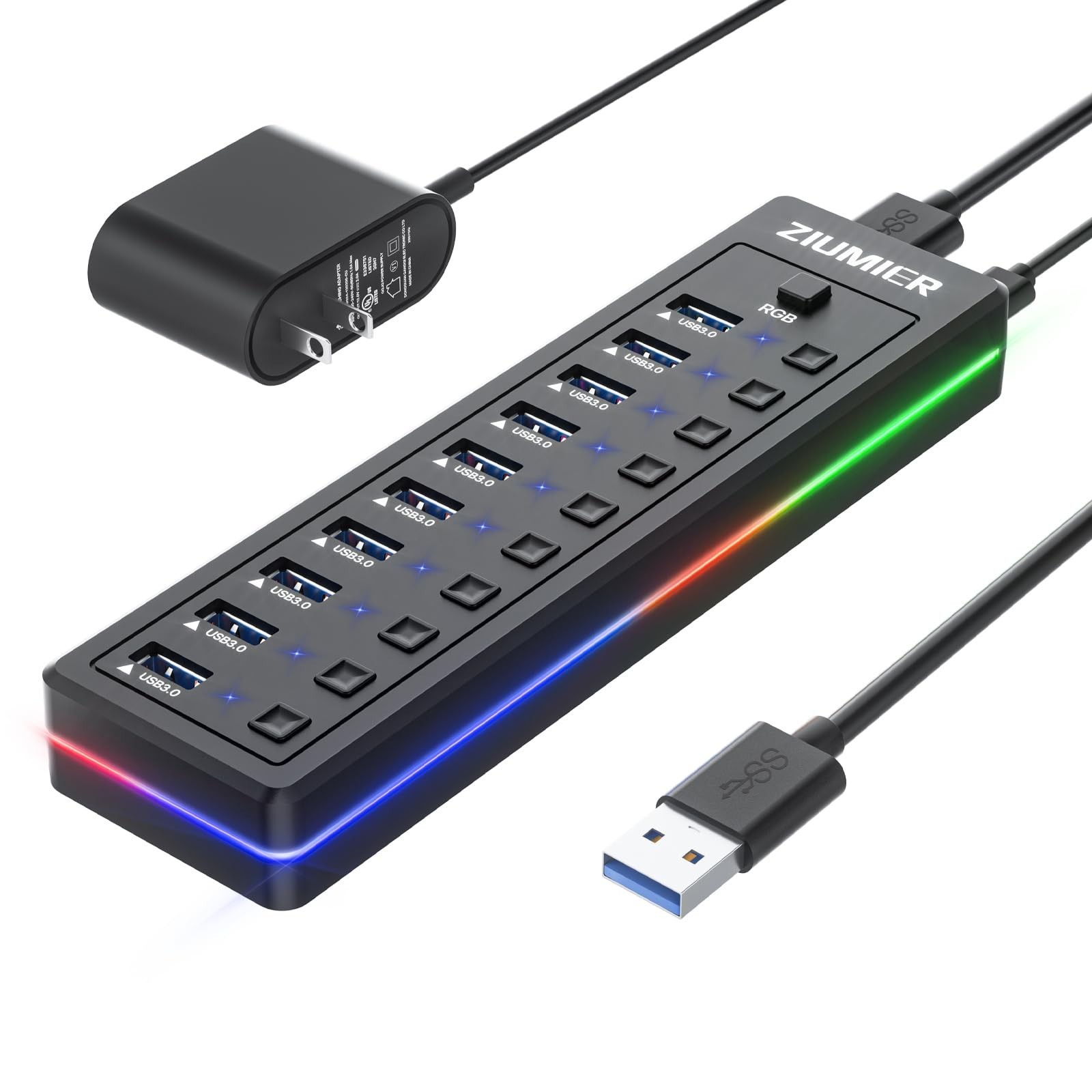 Powered USB Hub, 10-Port USB 3.0 Hub with RGB LED Strip -5Gbps Data Transfer,...