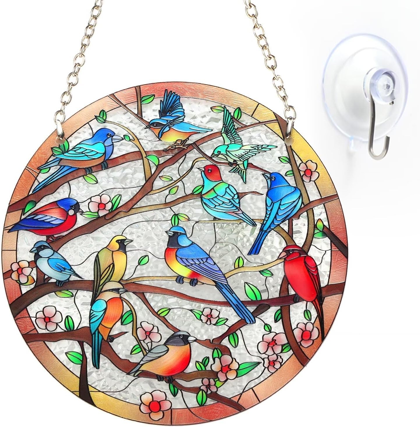 Stained Glass Window Hanging Suncatcher – Hand-Drawn Cardinal & Hummingbird