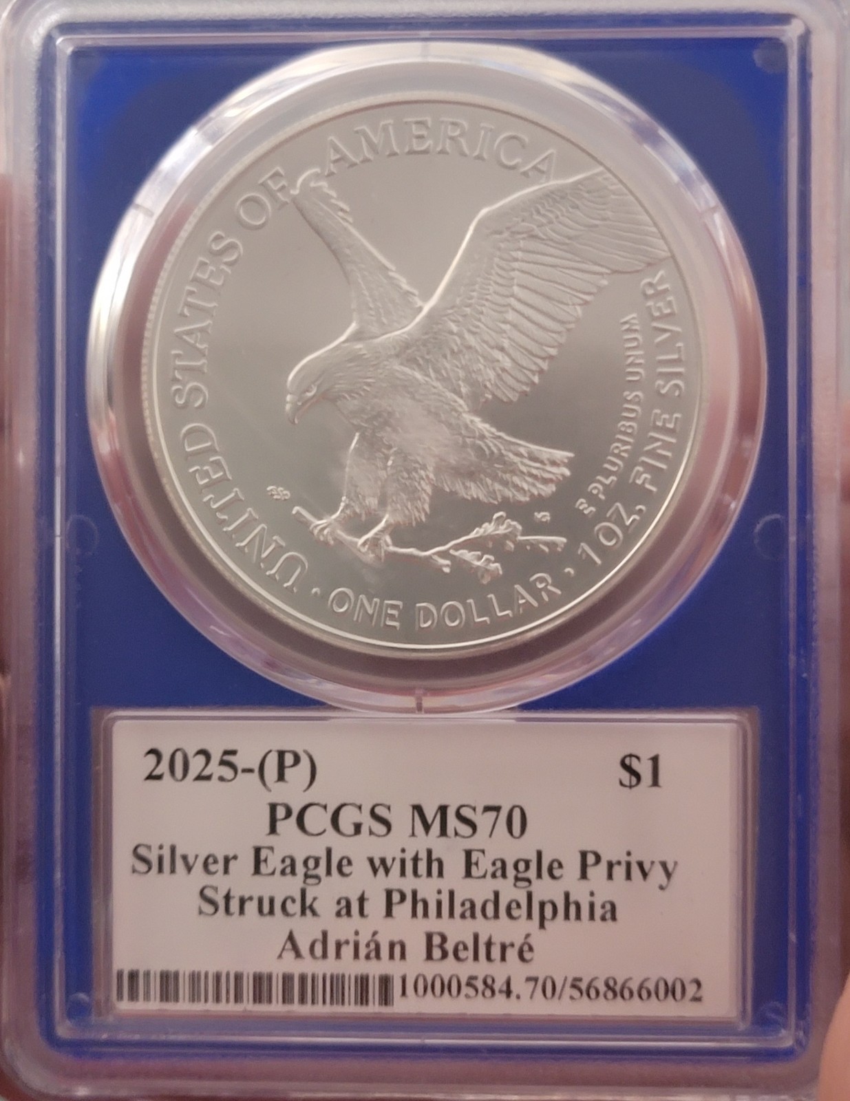 2025-P Silver Eagle with Eagle Privy PCGS MS70 Strike, Signed By Adrian Beltre