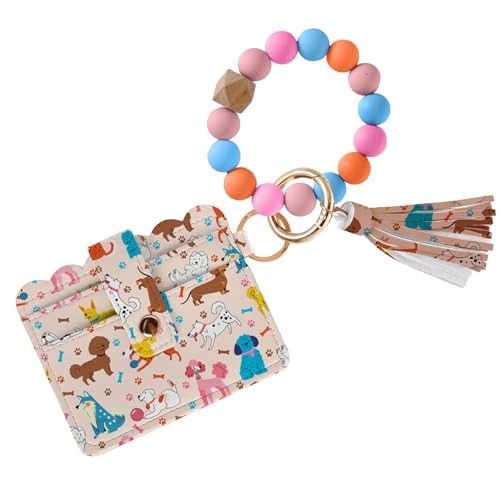 Wallet Keychain Wristlet, Silicone Bead Bracelet Key Horizontal Dog-colorful