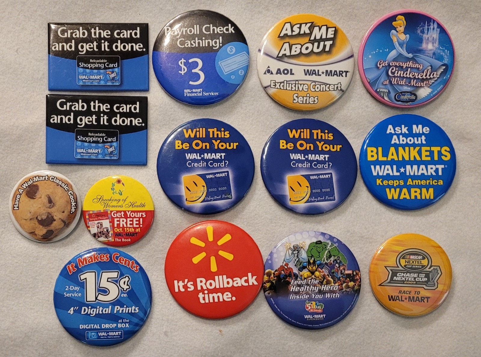 Lot of 14 Assorted Wal-Mart Advertising Buttons