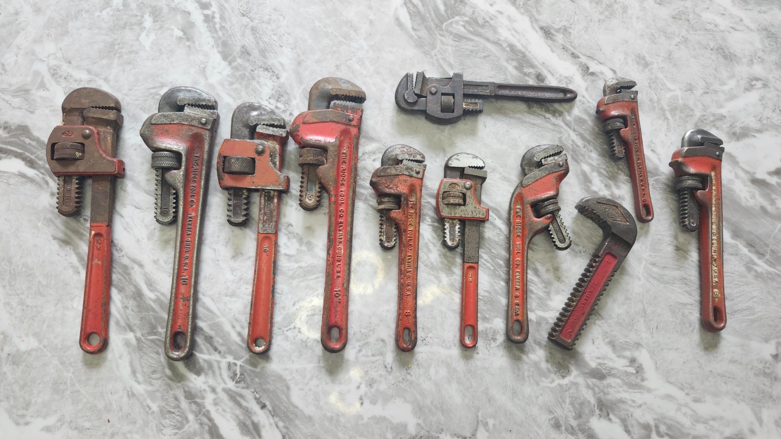 Lot of 10 Pipe Wrenches Vintage Ridge Tool Co. RIGID + DUNLAP - U.S.A.