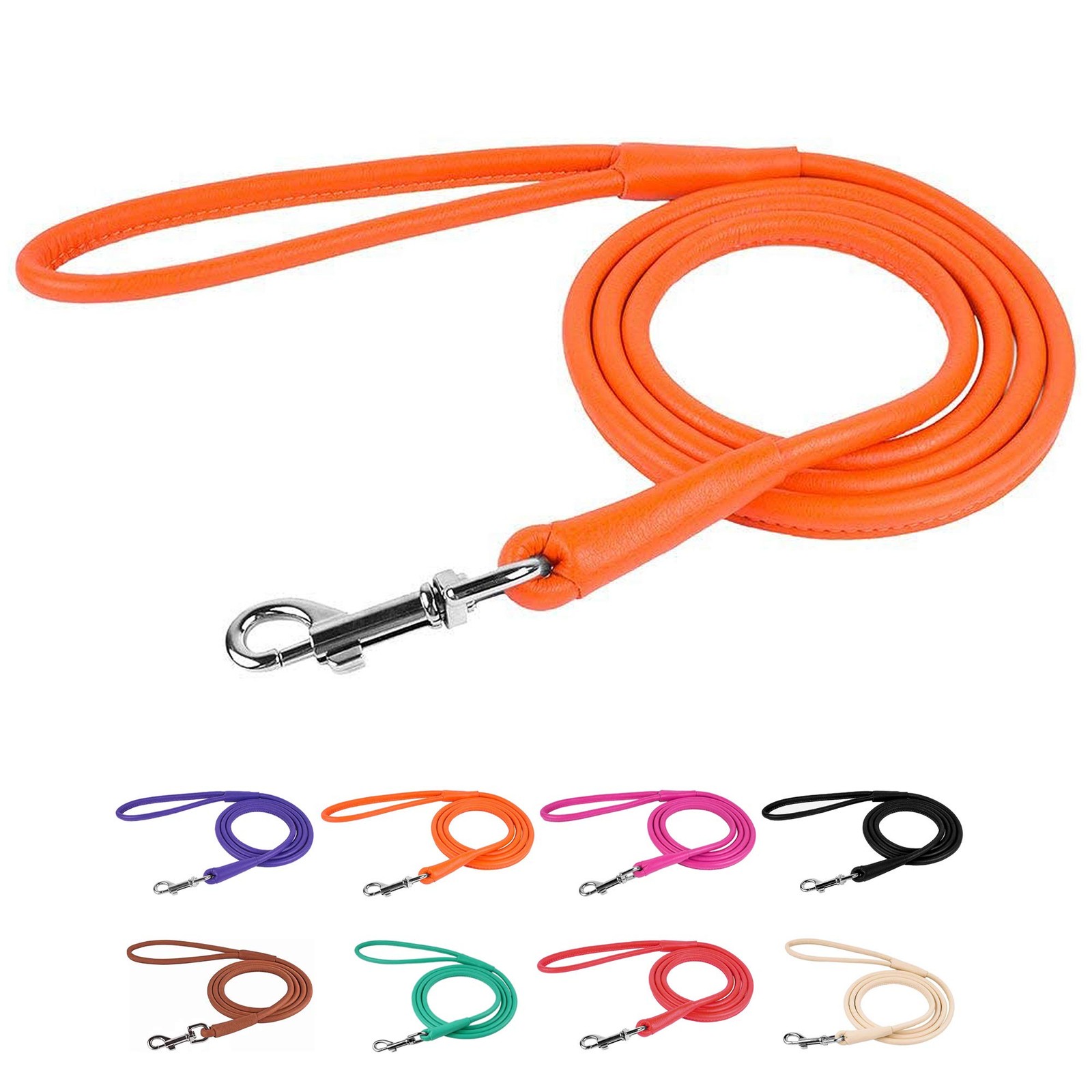 CollarDirect Rolled Leather Dog Leash 4ft, Soft Padded Medium, Orange