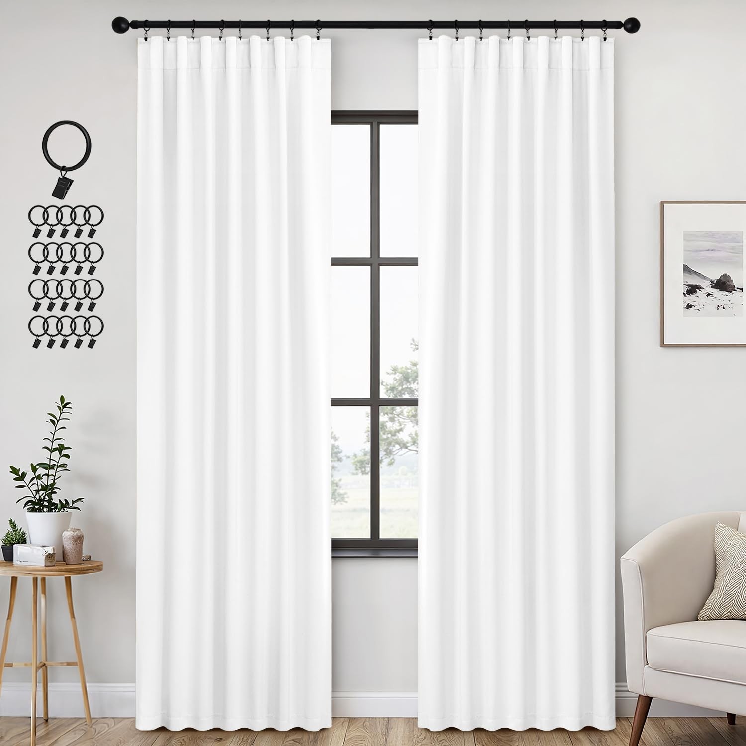 ANRODUO Rod Pocket and Back Tab Pleated Blackout Curtains with Hooks Rings White