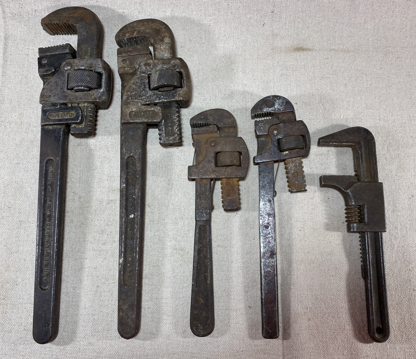 Vintage Lot (5) Pipe Wrenches! (2) Trimo 14" Monkeywrenches, (2) 10", (1) 9" USA