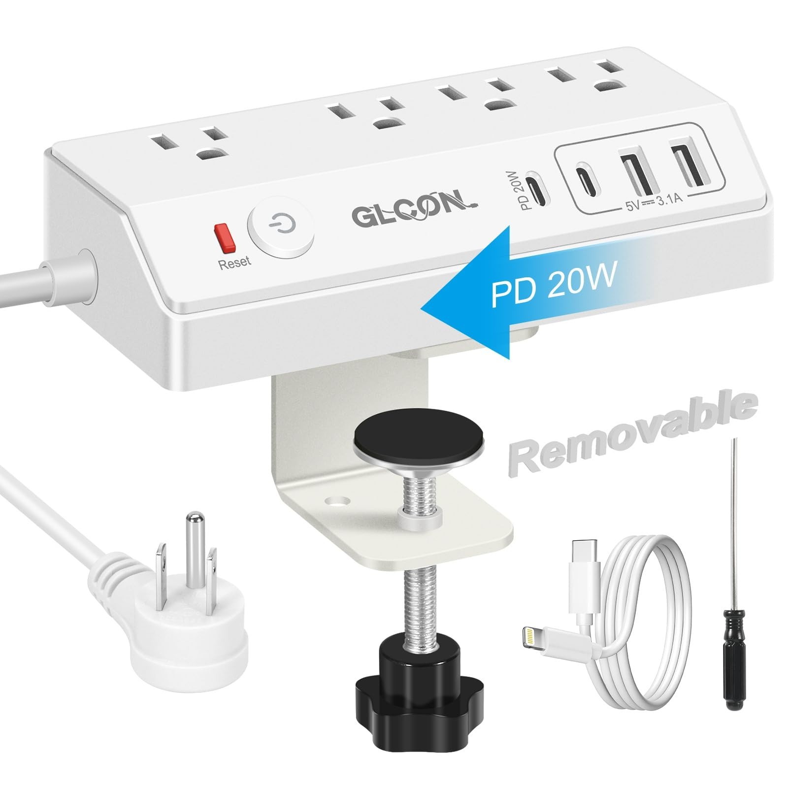 Desk Clamp Power Strip USB C 20W PD - Removable Surge Protector with 4 Outlet...