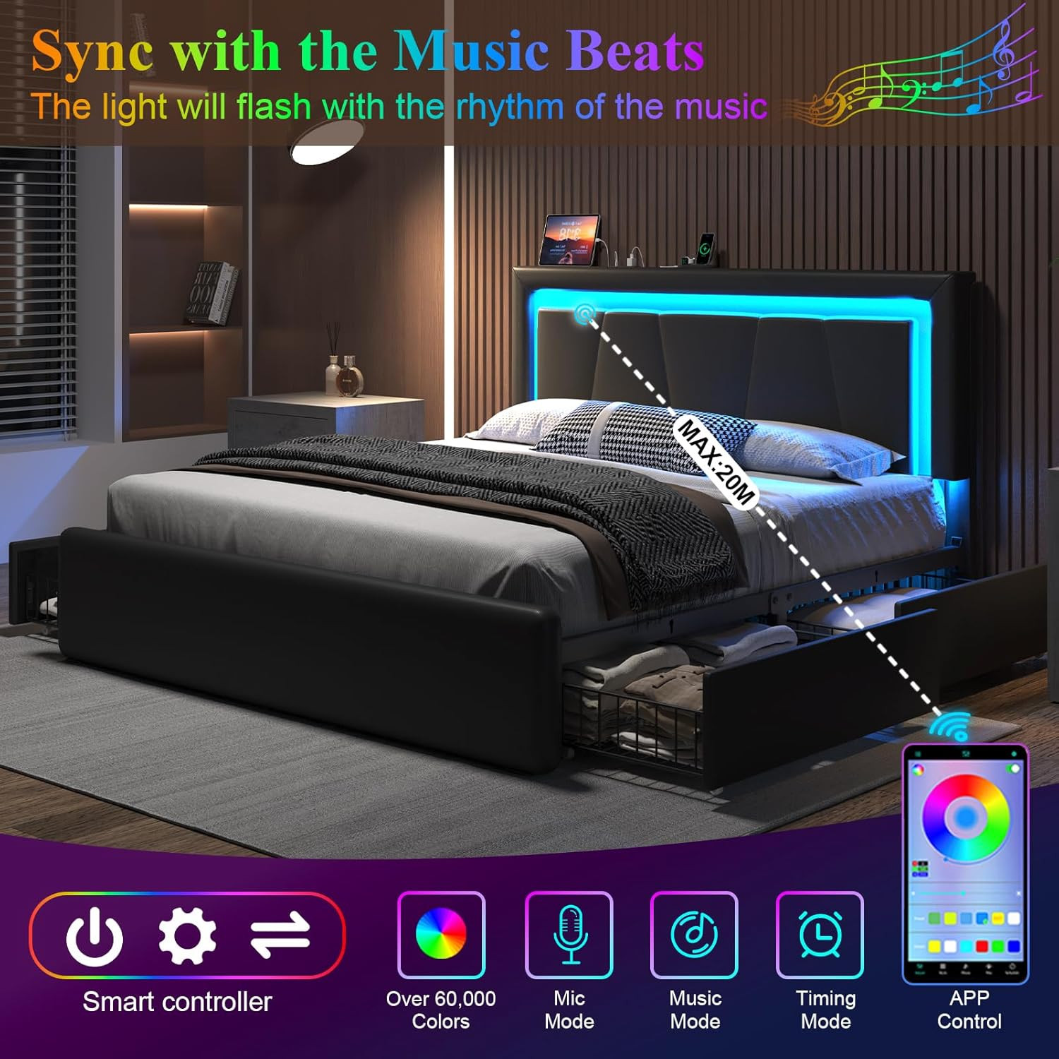Queen Size Bed Frame with 4 Storage Drawers and LED Light, Upholstered Platform