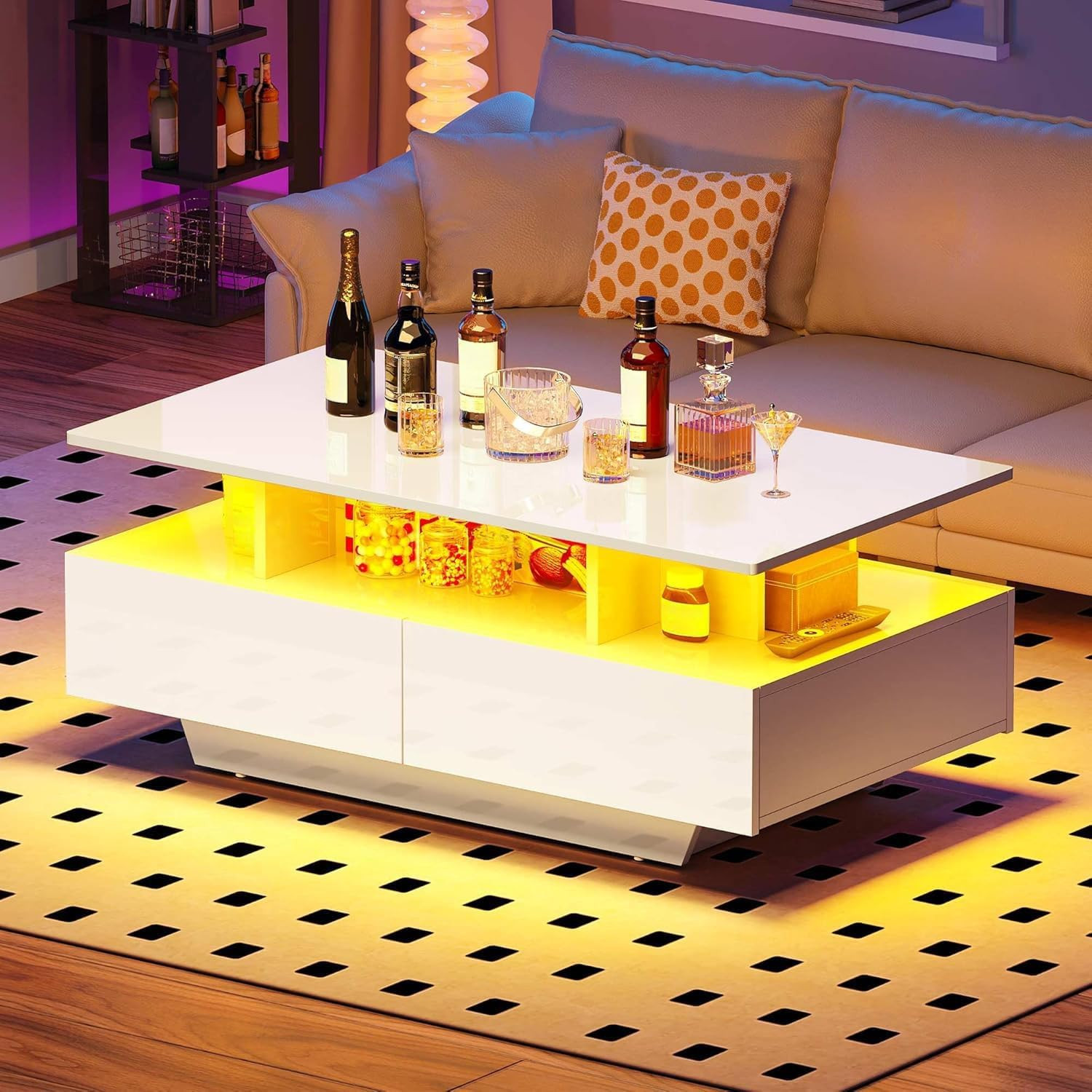 LED Coffee Table with Storage 4 Drawers, Modern High Glossy Coffee Tables for Li
