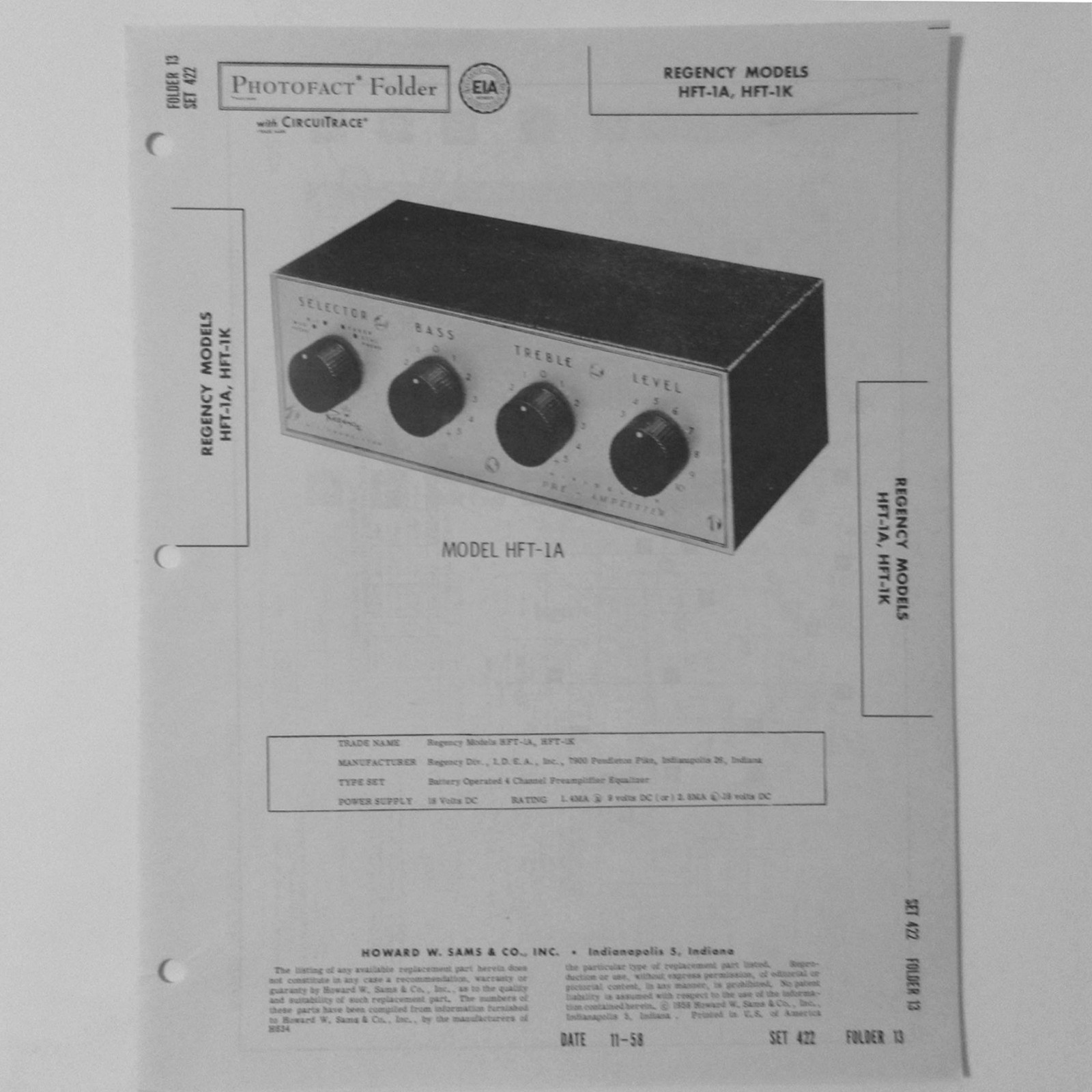 Regency Models HFT-1A HFT-1K 4 Channel Preamplifier SAMS Photofact ™ 1958 New