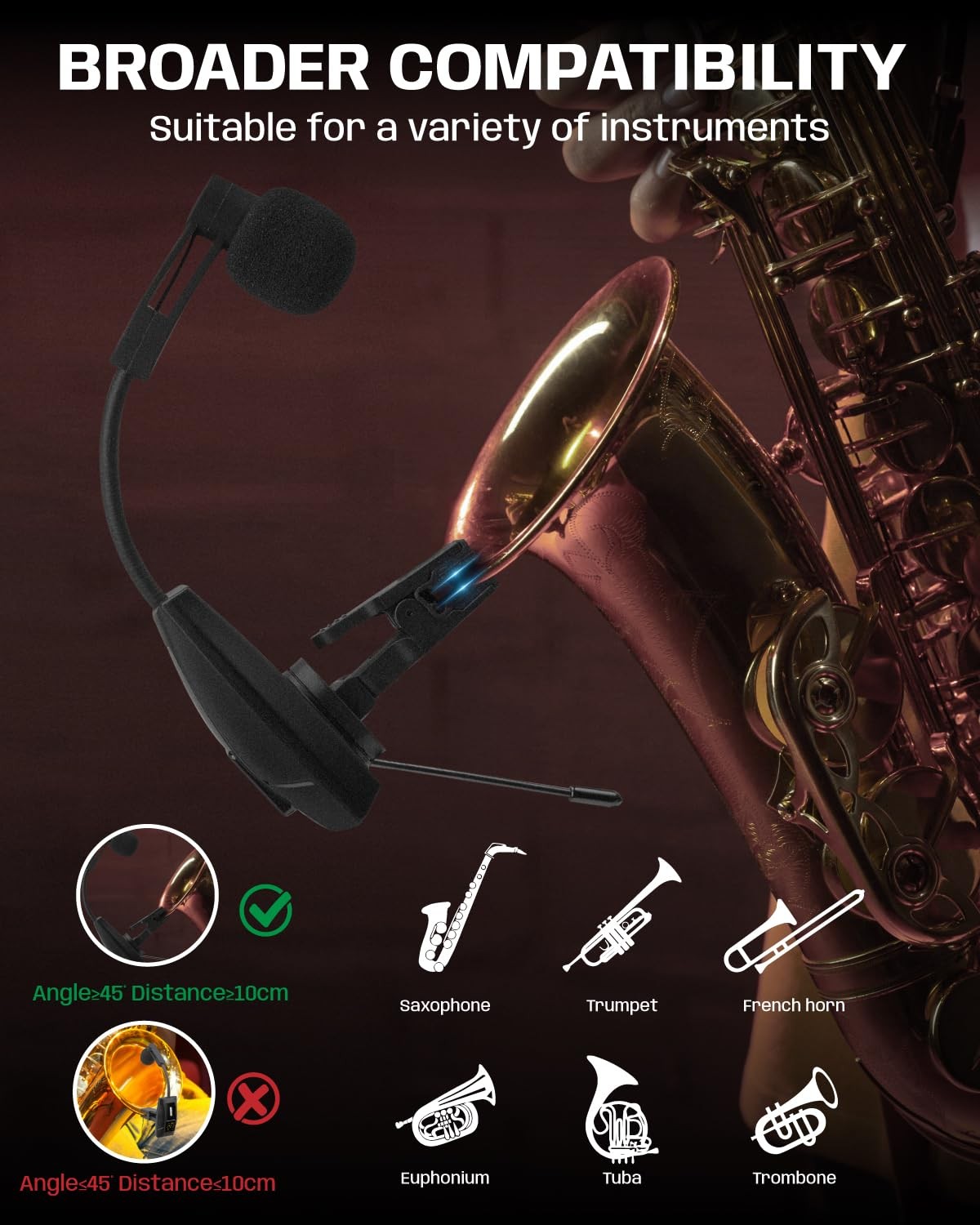 Saxophone Microphone UHF Wireless System 196ft Range - Clip on for Brass